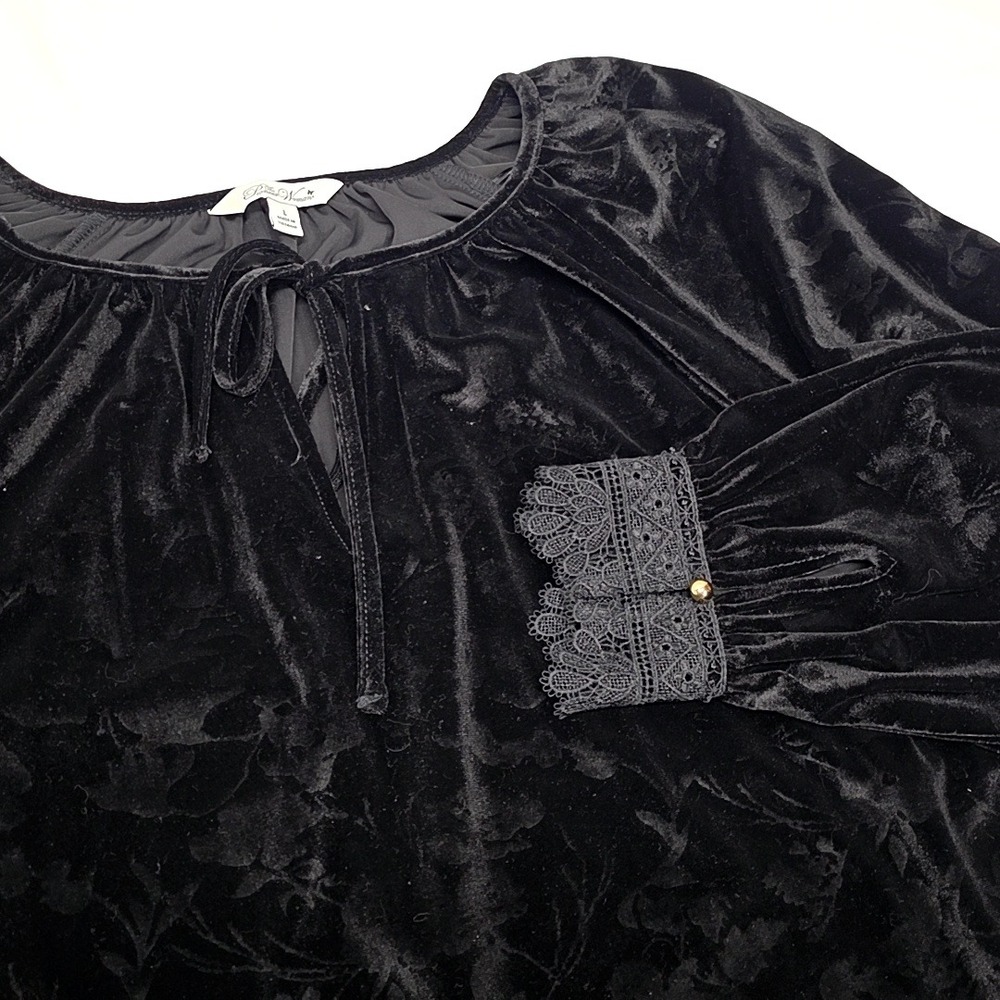 The Pioneer Woman Blouse Womens L Black Velvet Lace Cuff‎ Tie Neck Romantic